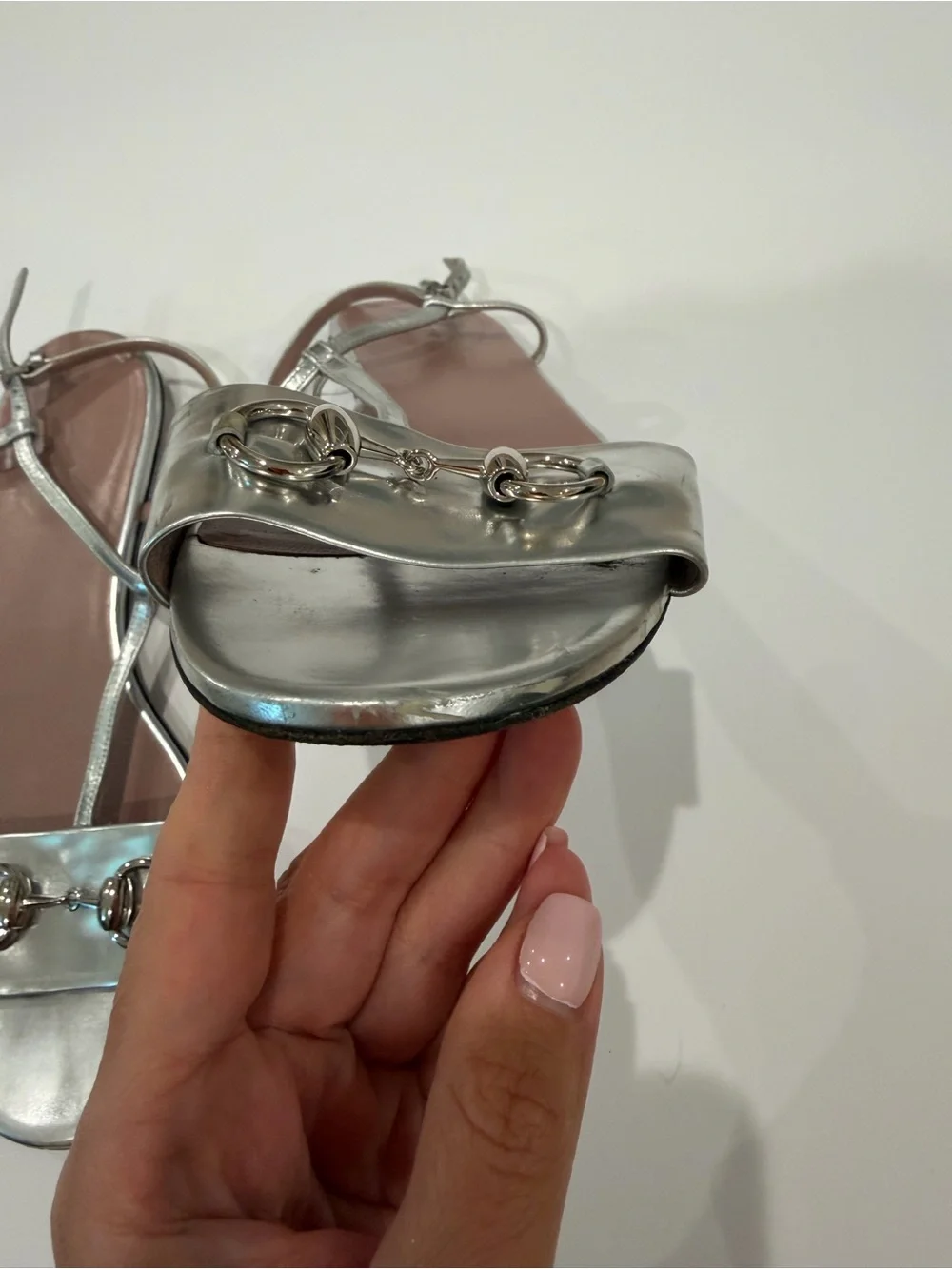 Gucci Silver Metallic Horsebit Strappy Sandals